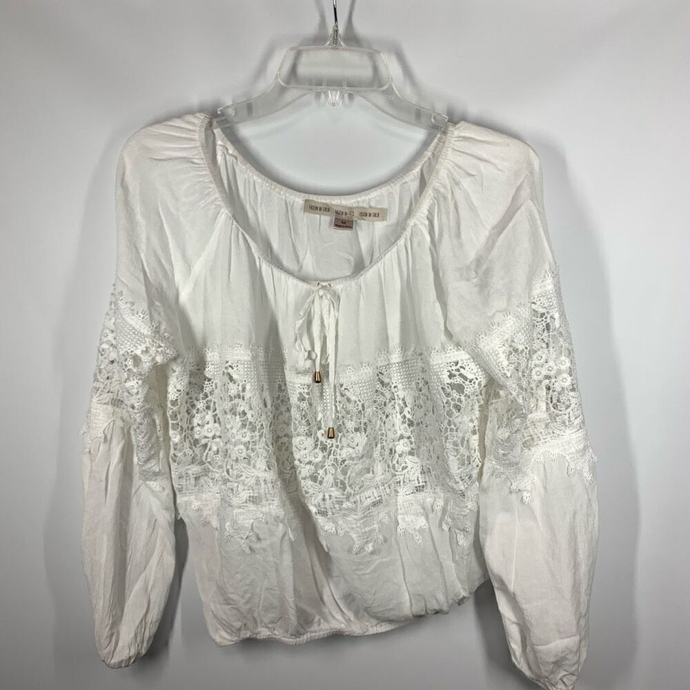 Fashion On Earth Women's Balloon Sleeve Lace Detail Swim Cover Up White Medium